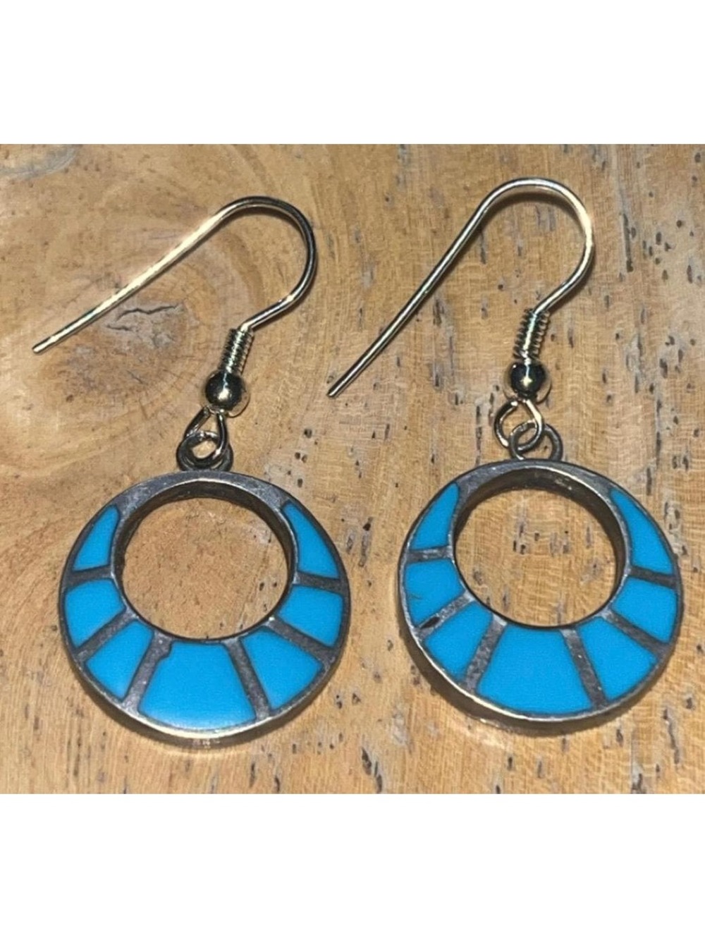 Native American Vintage Zuni sterling silver inlay turquoise earrings oval